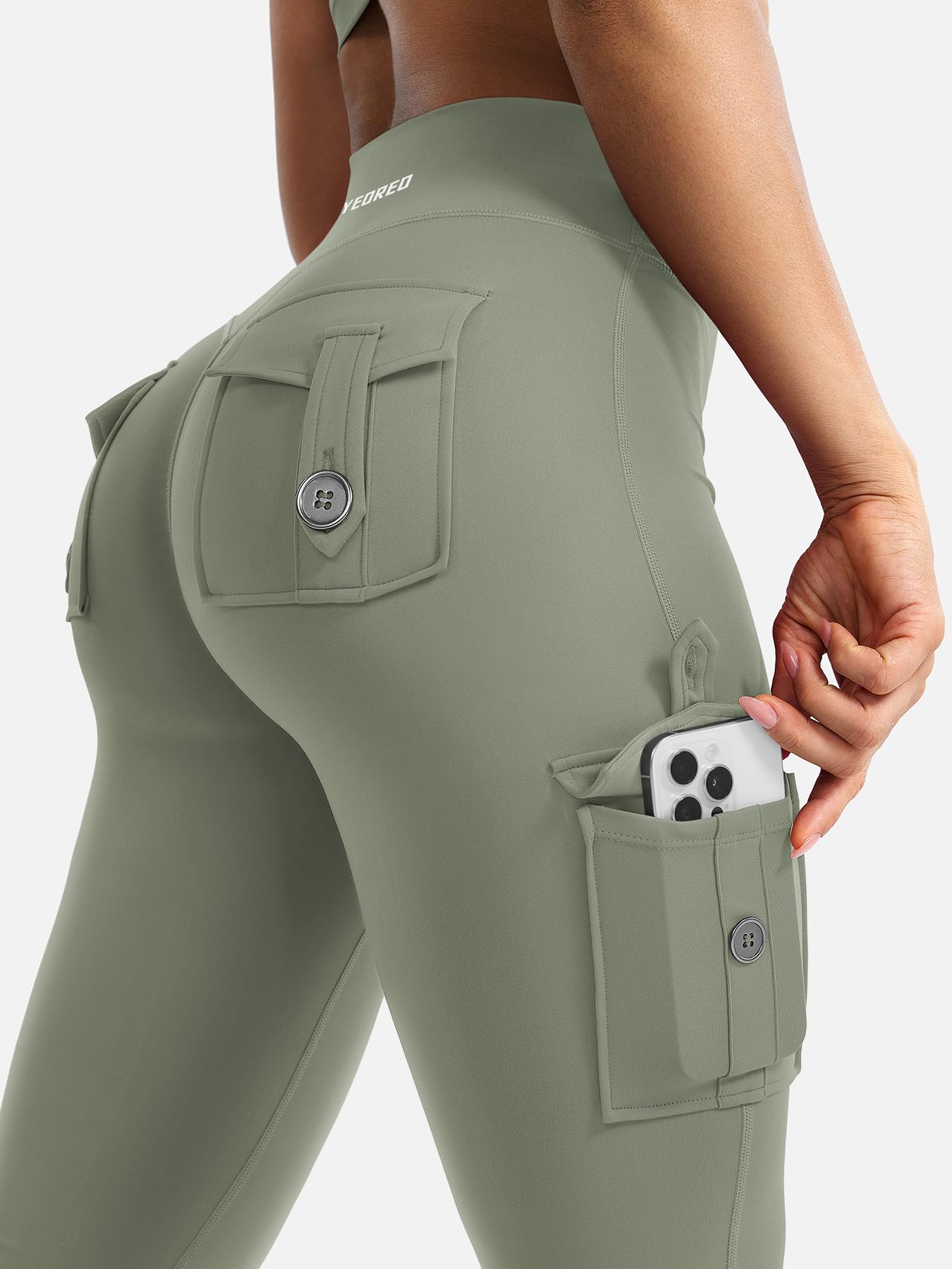 YEOREO CoreFlex Women Workout Flare Leggings with Pockets Hidden Scrunch High Waisted Cargo Gym Yoga Leggings Light Army Green XS