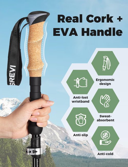 Gysrevi Trekking Poles, 7075 Aluminum Lightweight Folding Hiking Poles, 110-130cm Adjustable Height with Cork Grip Clip Closure 4 Pairs of Rubber Feet for Hiking