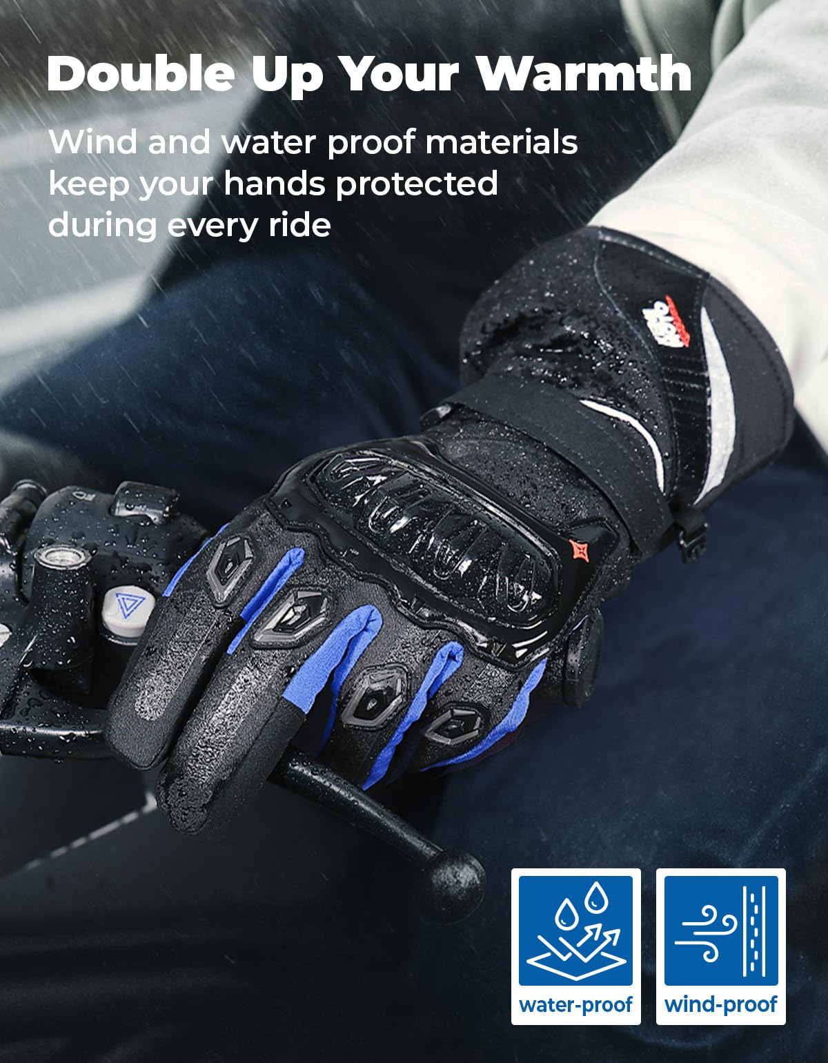 KEMIMOTO Winter Motorcycle Gloves, Rainproof Riding Warm Gloves with Touchscreen for Motorcycle Riding, ATV, UTV, Snowmobile Blue L