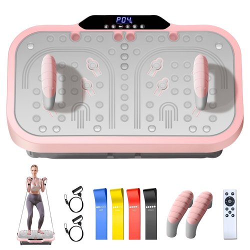 ENOWPO Vibration Plate Exercise Machine, Vibrating Fitness Platform Whole Body Shake Board Workout Equipment Fat Burner Vibrate Stand with Bluetooth Resistance Bands for Women Men Home Sport Gym-Pink