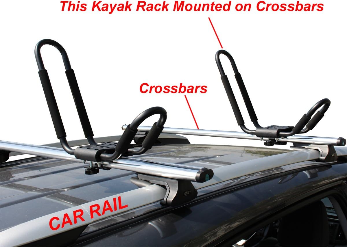 TMS Kayak Roof Racks for 2 Kayaks - Dual Universal Fit Carriers Include Two Sets of Straps for Cars, Trucks and SUVs - Easy to Mount J-Bar Style Carriers for Kayaks Canoes Paddleboards and Surfboards