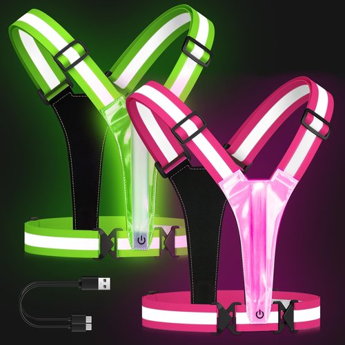 Zacro LED Reflective Vest Running Gear 2 Pack, 5 Lights Colors High Visibility Reflective Running Gear Rechargeable Light Up Running Vest for Walking Running Cycling, Adjustable for Men Women Kids