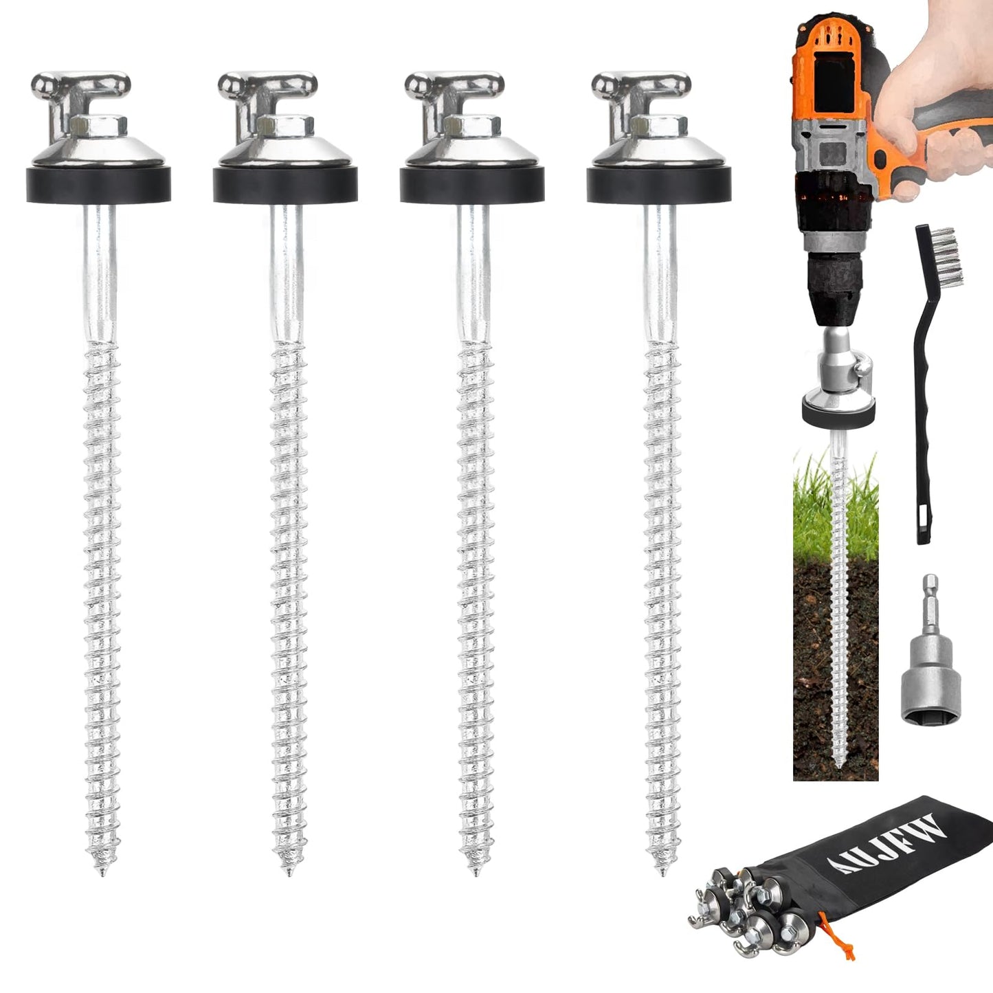 4 Pcs 10" Drillable Tent Stakes, Long Hook Top Packs Tent Stakes, Heavy Duty Hardened Steel Ground Pegs for Grassland Garden Tents Canopies Awnings Camping Travel (Hex Tool and Storage Bag)