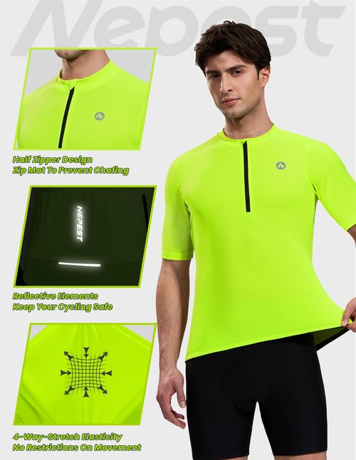 Nepest Bike Jersey for Men Cycling Reflective Quarter Zip Cycle Biking Shirts with Zipper Pockets Moisture Wicking Breathable Biker Tops Neno Green XL