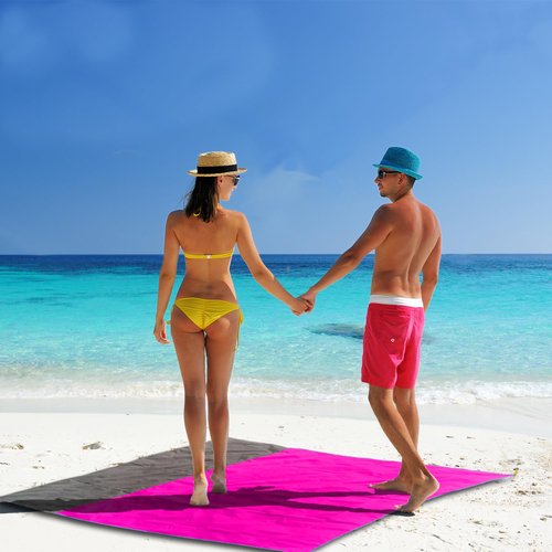 NiKiBysh Outdoor Pocket Blanket Extra Large Beach Blanket Sandproof 82″x 78″for 4-6 Adults Compact Foldable Quick Drying Lightweight Picnic Blankets Waterproof with 4 Stakes & Bag (Pink+Grey)