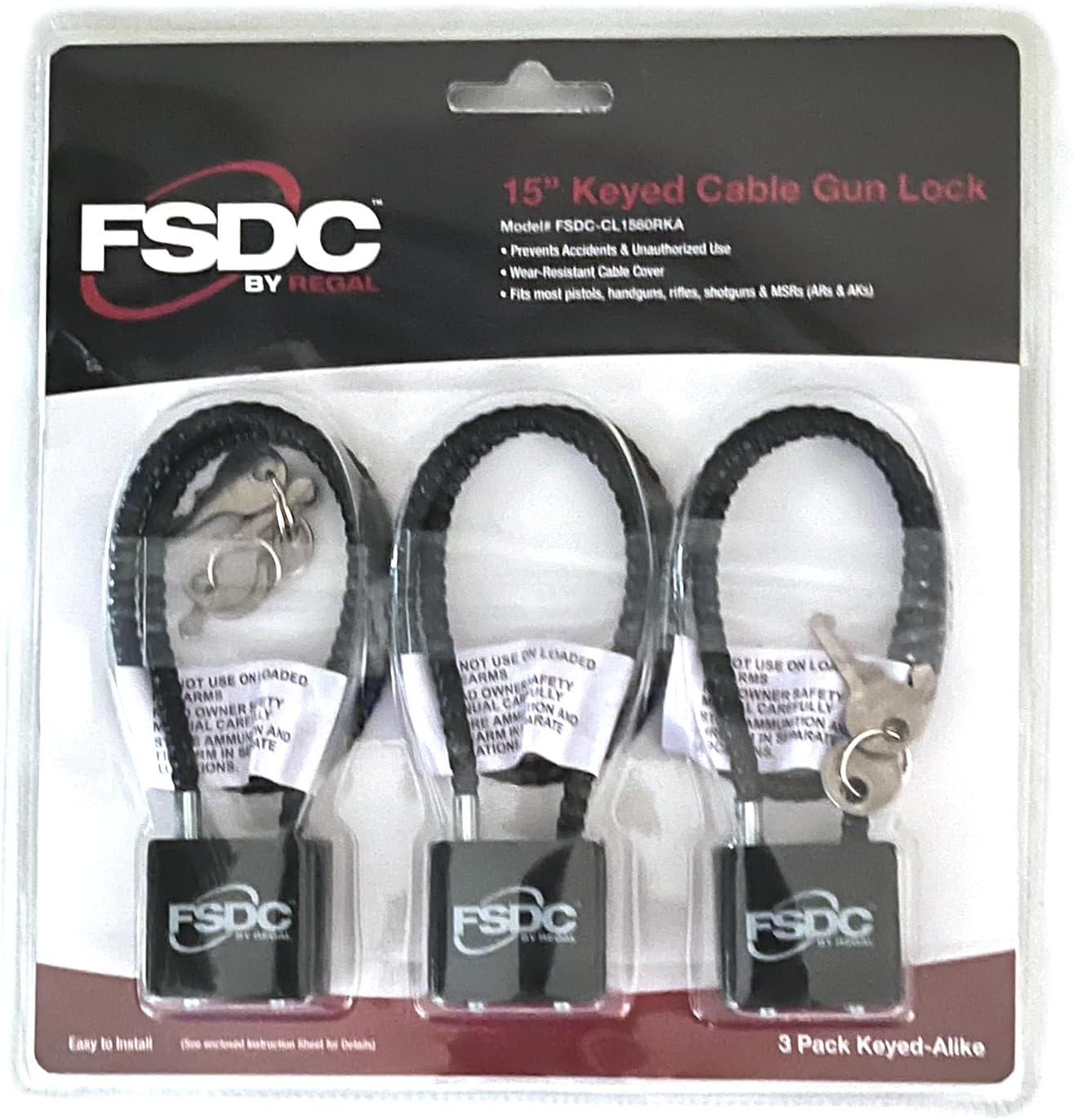 FSDC-CL1560RKA 15" Keyed California DOJ-approved Keyed Cable Gun Lock 3-Pack
