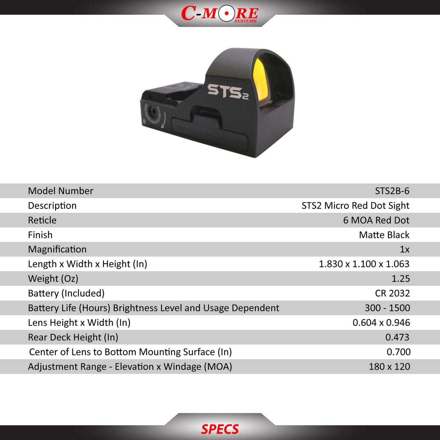 Micro Red Dot Sight STS2B by C-MORE Systems - 1x Magnification, Waterproof, Lightweight, Ultra Bright