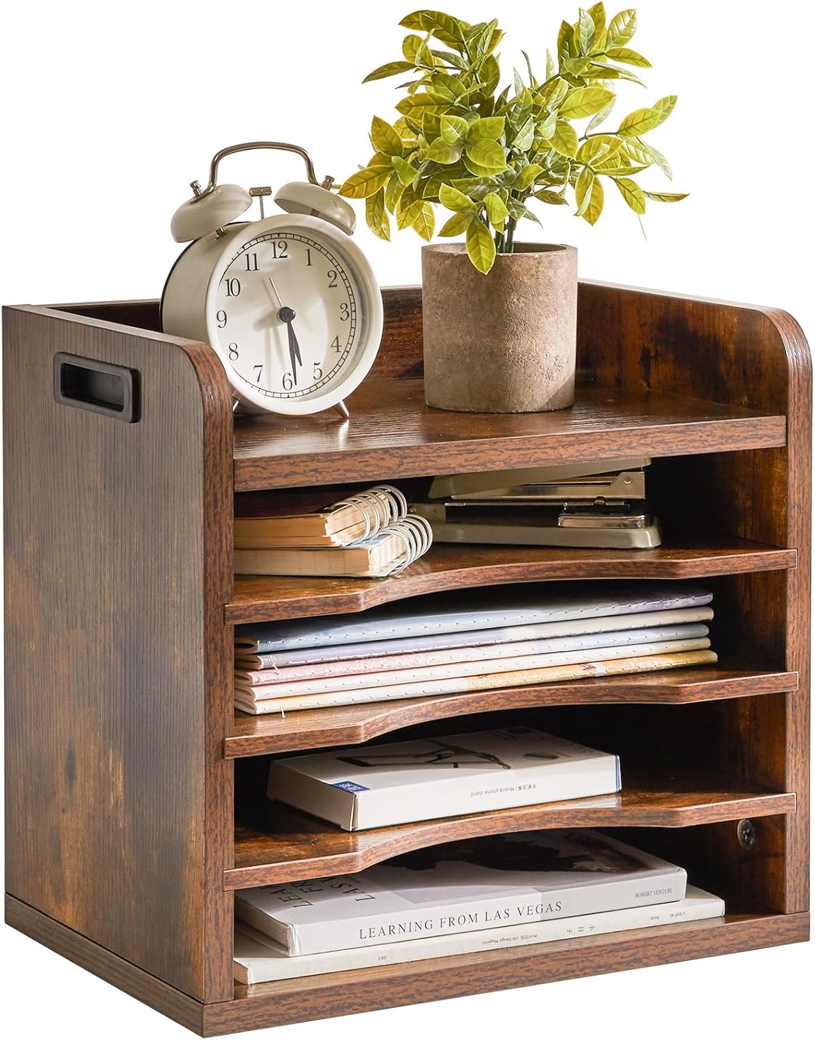 YMYNY Desktop File Organizer with Handle, Document Letter Mail Tray Sorter with 3 Adjustable Shelves, 5 Tiers Paper Holder for School Home Office Desk, Rustic Brown,13.4 * 12.4 * 9.06" UHBC006H