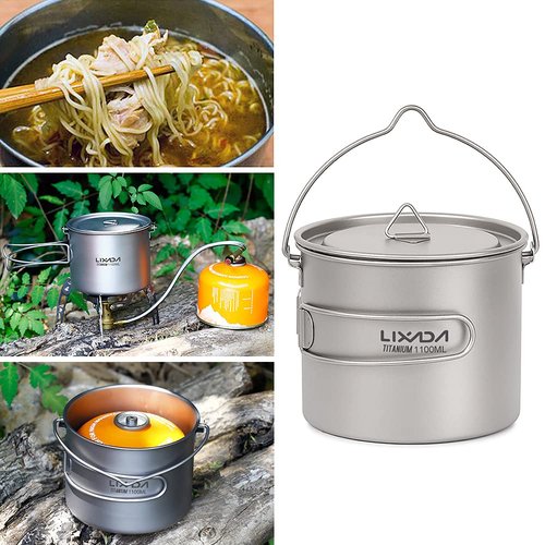 HUIOP Titanium Pot, 750ml/900ml/1100ml Ultralight Titanium Pot Water Mug Cup with Lid and Foldable Handle Outdoor Camping Cooking Picnic