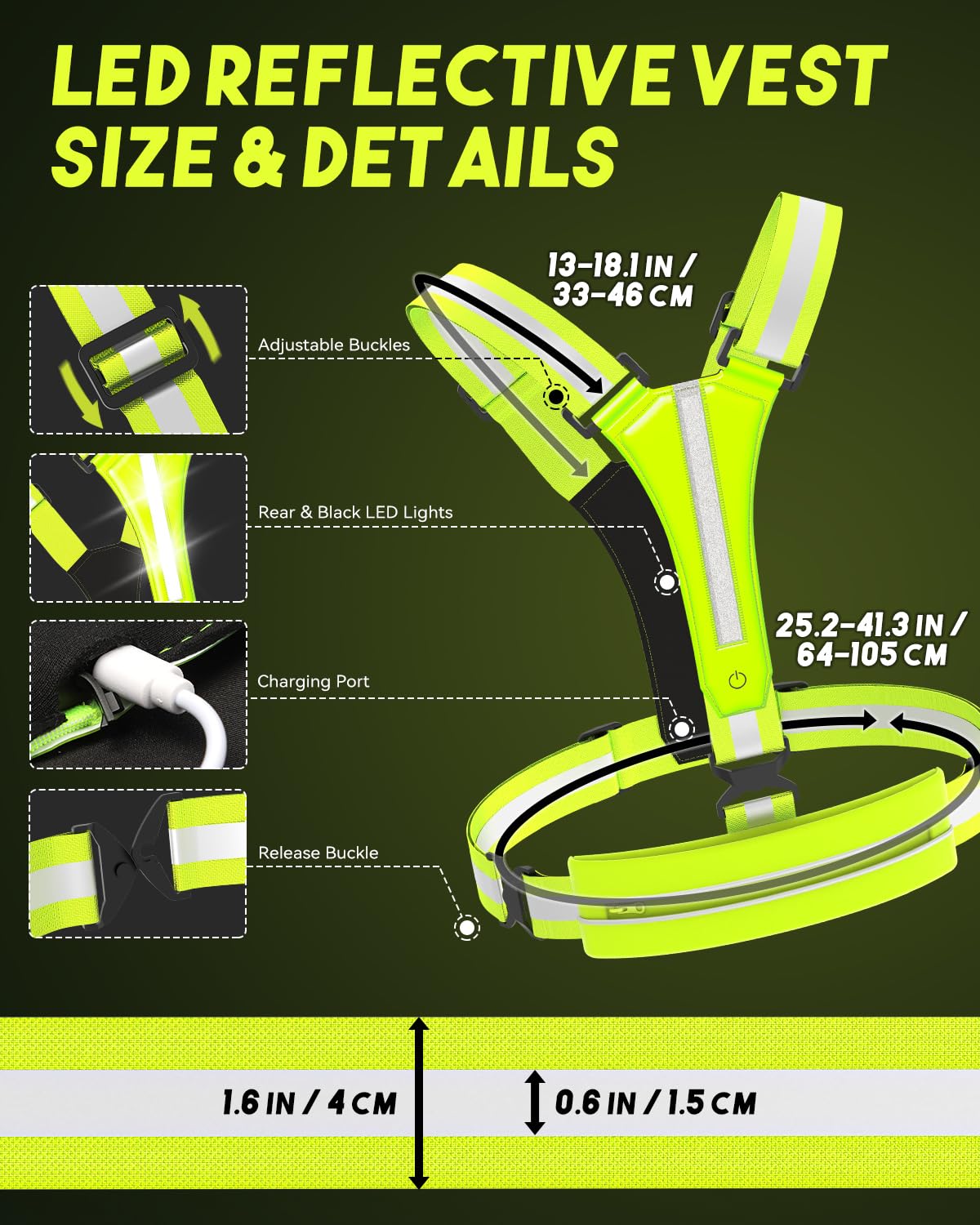 FUNWICT LED Reflective Vest Running Gear 7 Lights Colors Rechargeable High Visibility Safety Vest Reflectors for Walking at Night Reflective Running Vest for Men Women (Neongreen)