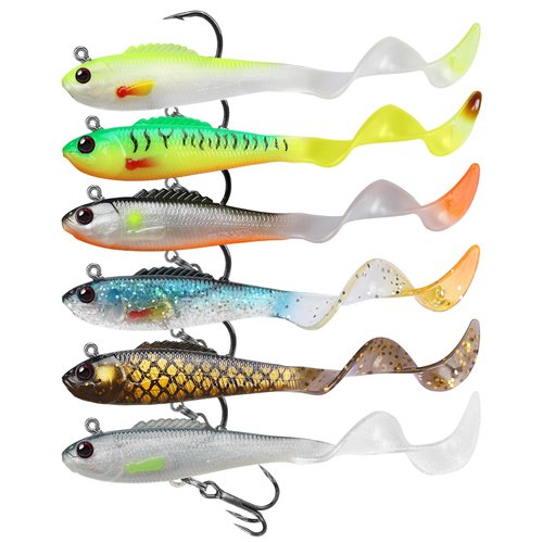 GOTOUR Pre-Rigged Soft Fishing Lures, Curly Tail Swimbait Lures for Bass Fishing, Lifelike Soft Tadpole Swimbait with Spinner for Crappie Trout Bait, All Season Freshwater Swim Baits for Warriors