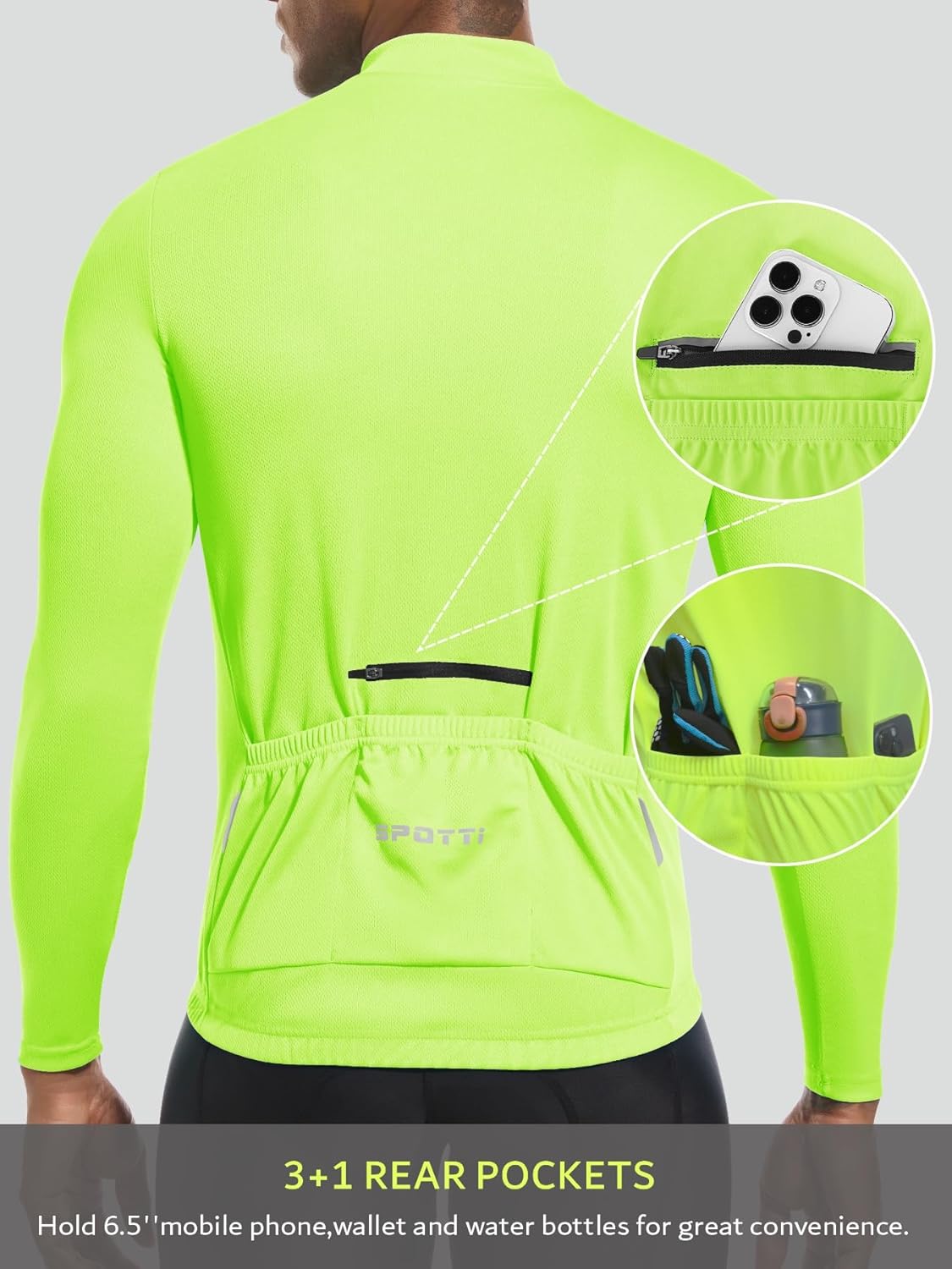 Spotti Men's Cycling Bike Jersey Long Sleeve with 3 Rear Pockets - Moisture Wicking, Breathable, Quick Dry Biking Shirt