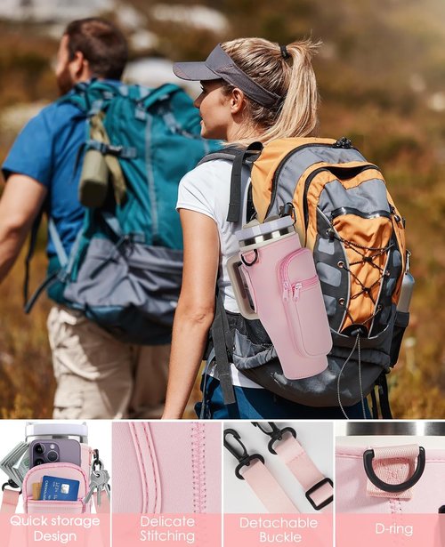Water Bottle Carrier Bag with Phone Pocket for Stanley Cup 40/30oz, Adjustable Strap Tumblers Water Bottle Holder with Pouch and Straw Cover for Stanley Cup Accessories (Pink)