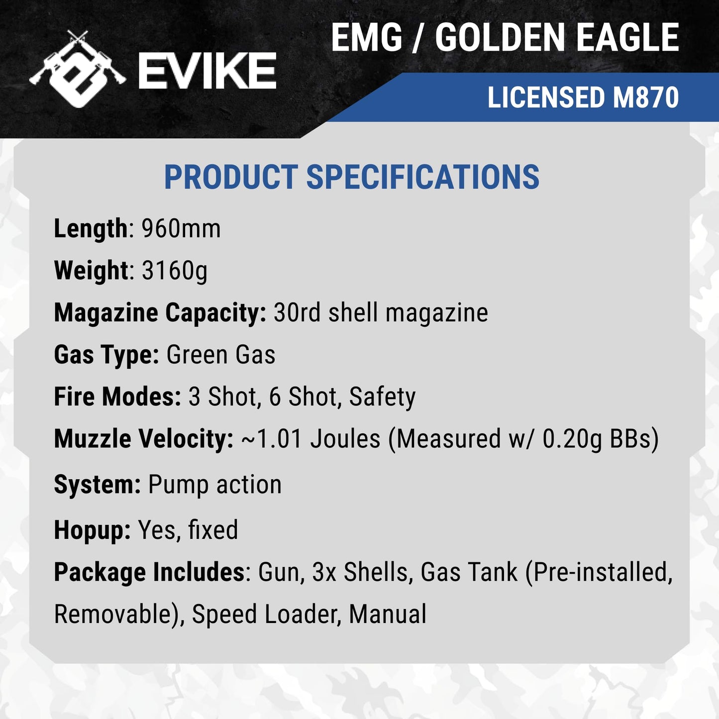 Evike Airsoft - EMG Strike Industries Licensed M870 Gas Powered Pump Action Airsoft Shotgun w/MLOK H-Guard by Golden Eagle (Color: Black)