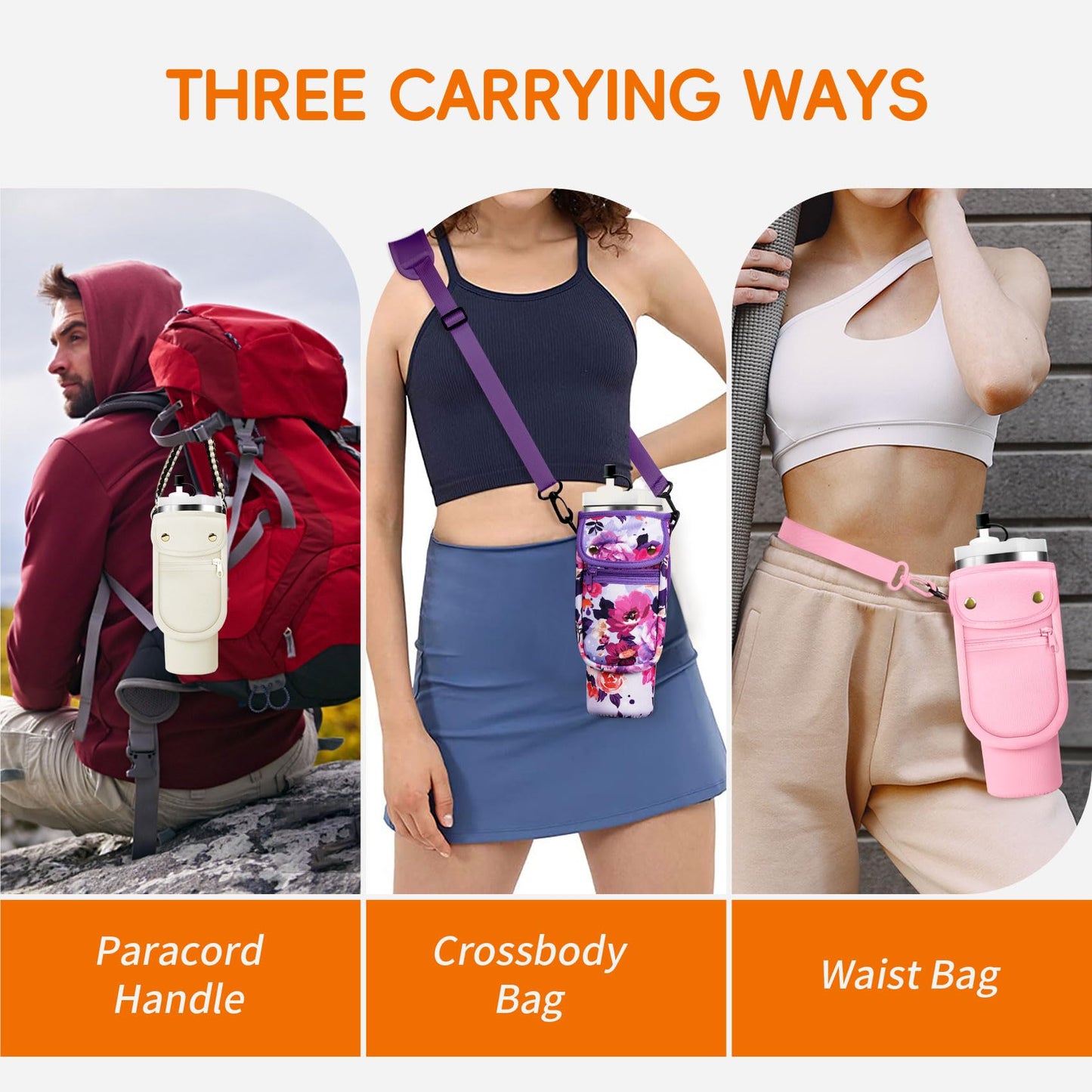 AceTreker 40/30 oz Stanley Cup Sleeve Bag with Paracord Handle, Neoprene Stainless Steel Travel Tumbler Holder with 2 Pockets, Metal Coffee Mug Sling with Straw Cover for Walking Driving Gym-Black