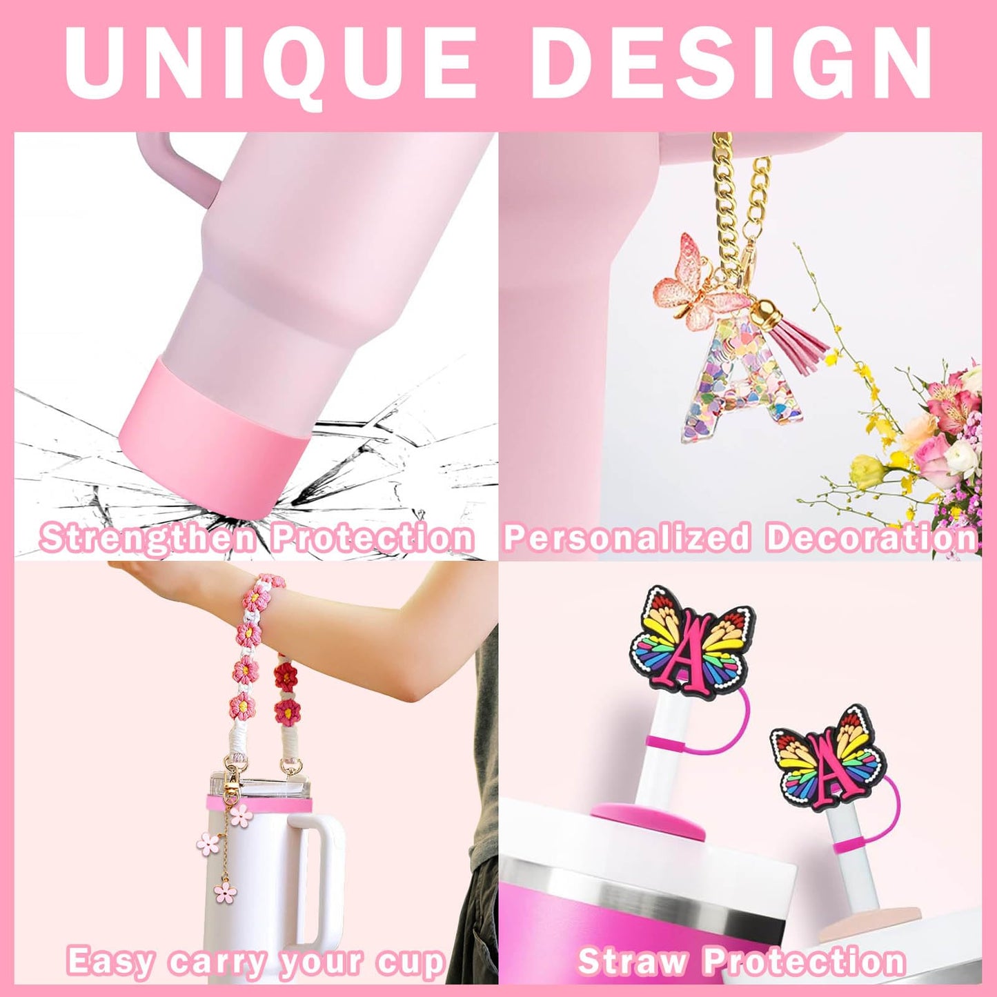 6PCS Cup Accessories Set for Stanley 30oz 40oz, Includes Silicone Initials Straw Cover Cap and Boot, Water Bottle Handle Strap, Rubber Cup Ring, Alphabet Handle Charm, Keychain Charm. (M)