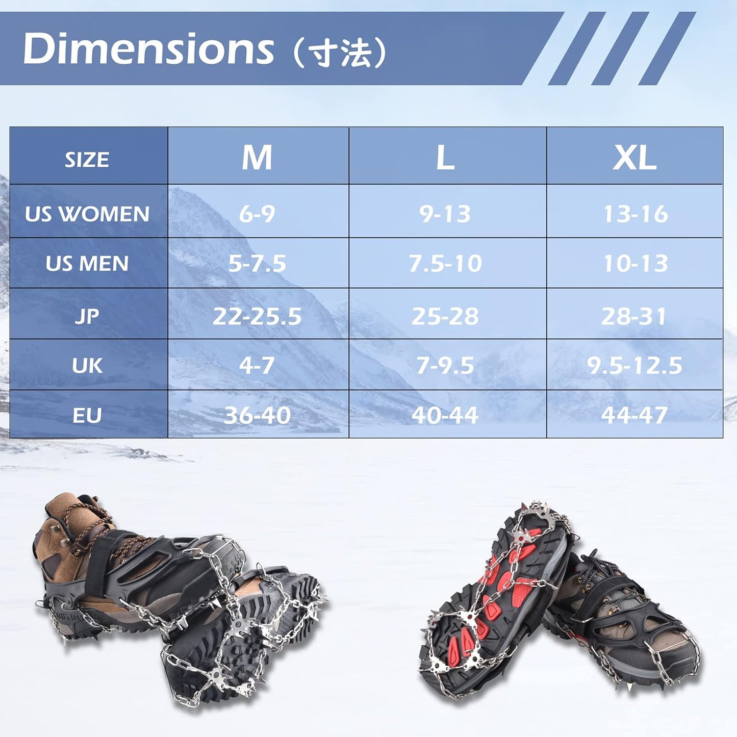 TRIWONDER Ice Grips 10/18/24 Teeth Anti-Slip Shoe Boot Snow Ice Spikes Crampons Cleats Stretch Footwear Traction