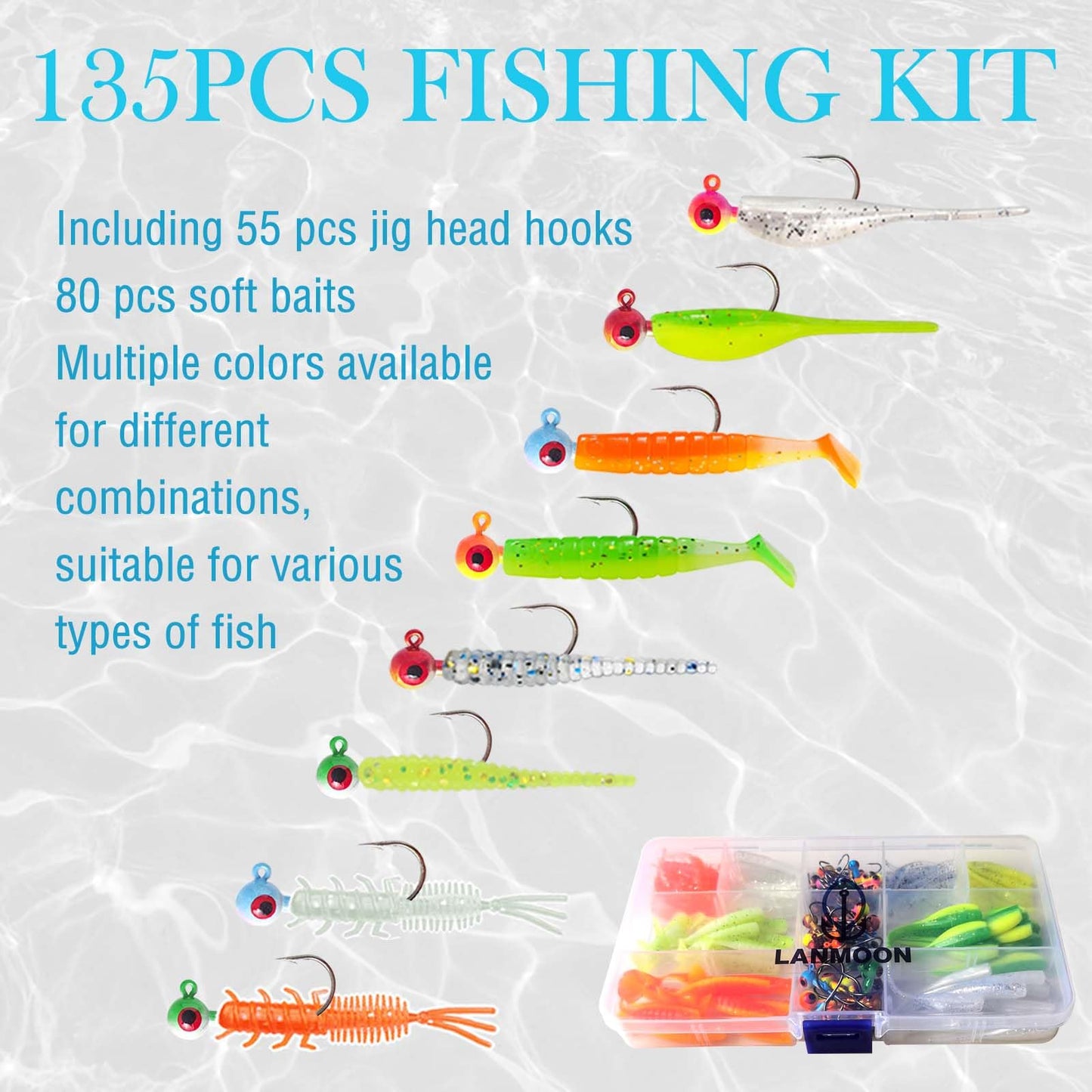 135 Pieces Jig Heads Fishing Hooks kit with Soft Plastic Crappie Lures for Crappie Trout Bass Walleye Bluegill Perch Catfish