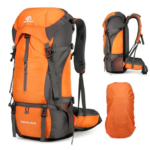ShowyLive 70L Hiking Backpack - Lightweight Waterproof Travel Backpack for Men & Women, Large Camping Bag with Rain Cover & Adjustable Straps (Orange)