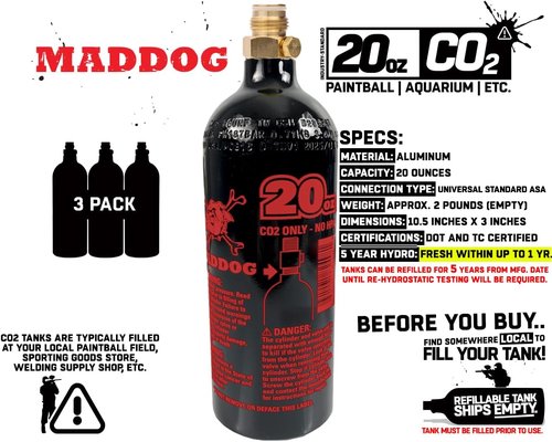 Maddog 20 Oz Refillable Aluminum CO2 Paintball Tank - Ships Empty - 3 Pack