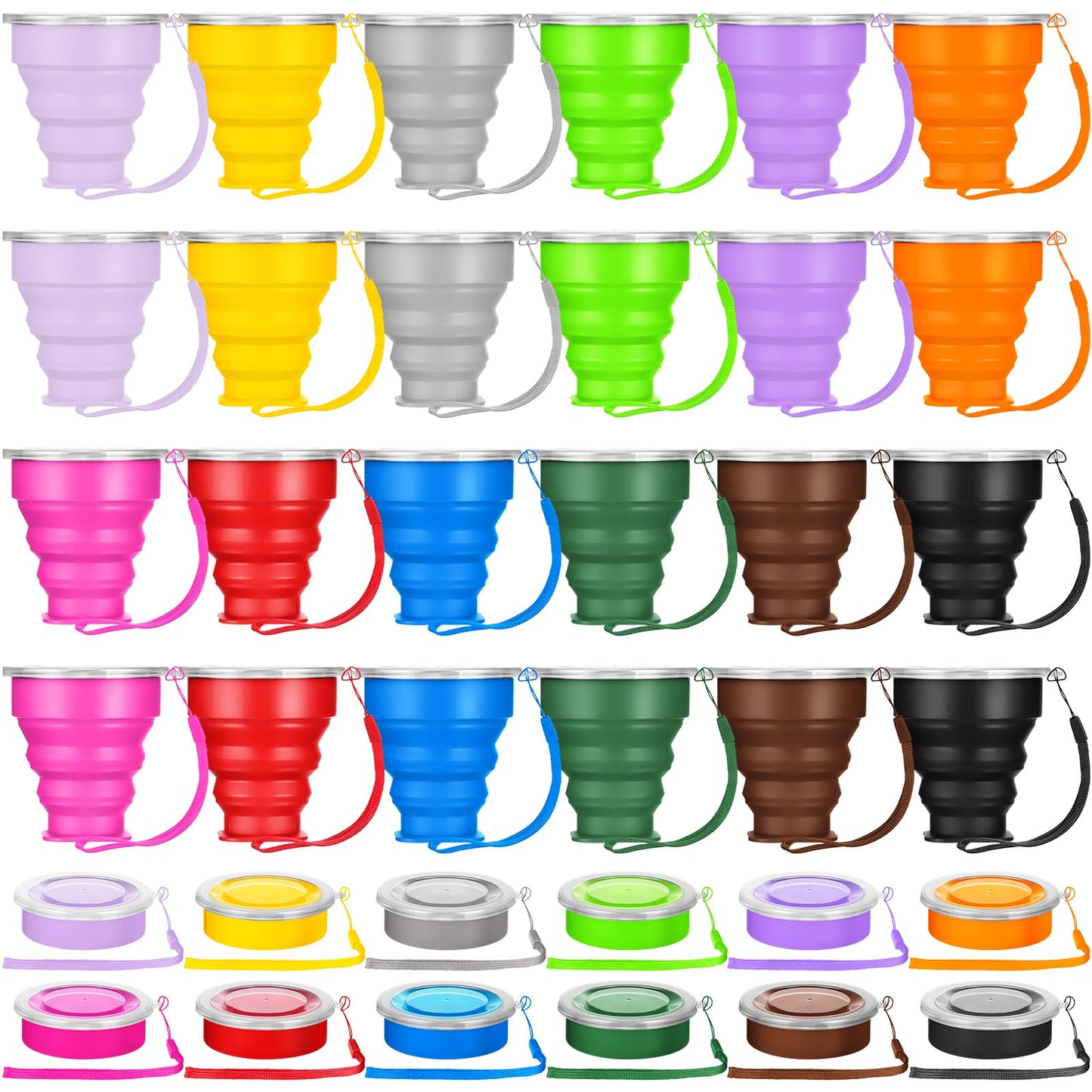 Umigy 24 Pcs Collapsible Travel Cups 6.8 oz/200 ml Silicone Foldable Expandable Cups Reusable Portable Drinking Mugs with Lids for Outdoor Camping Backpacking Hiking Travel