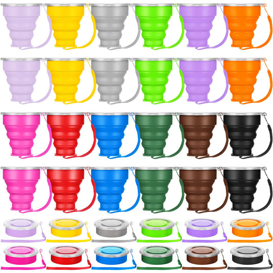 Umigy 24 Pcs Collapsible Travel Cups 6.8 oz/200 ml Silicone Foldable Expandable Cups Reusable Portable Drinking Mugs with Lids for Outdoor Camping Backpacking Hiking Travel