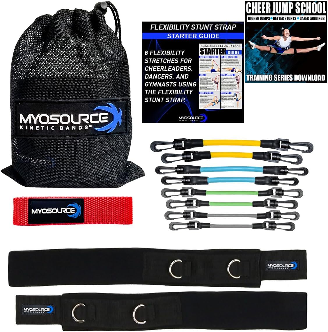 Cheer Kinetic Bands Cheerleader Flexibility and Strength Training | Improve Jumps, Stunts, Landings | 4-Level Leg Resistance Bands & 12 Stunt Strap Color Options, Digital Training Downloads