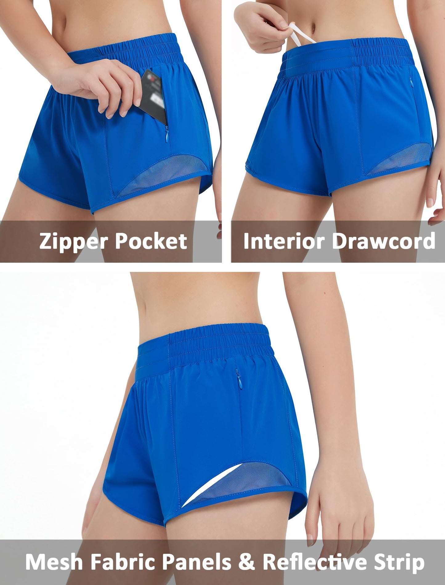 EXARUS 3 Pack Girls Athletic Shorts Running Track Workout with Liner Zipper Pocket Lightweight Elastic Waist Gym Sports 2.5" Black Blue Pink 12Y