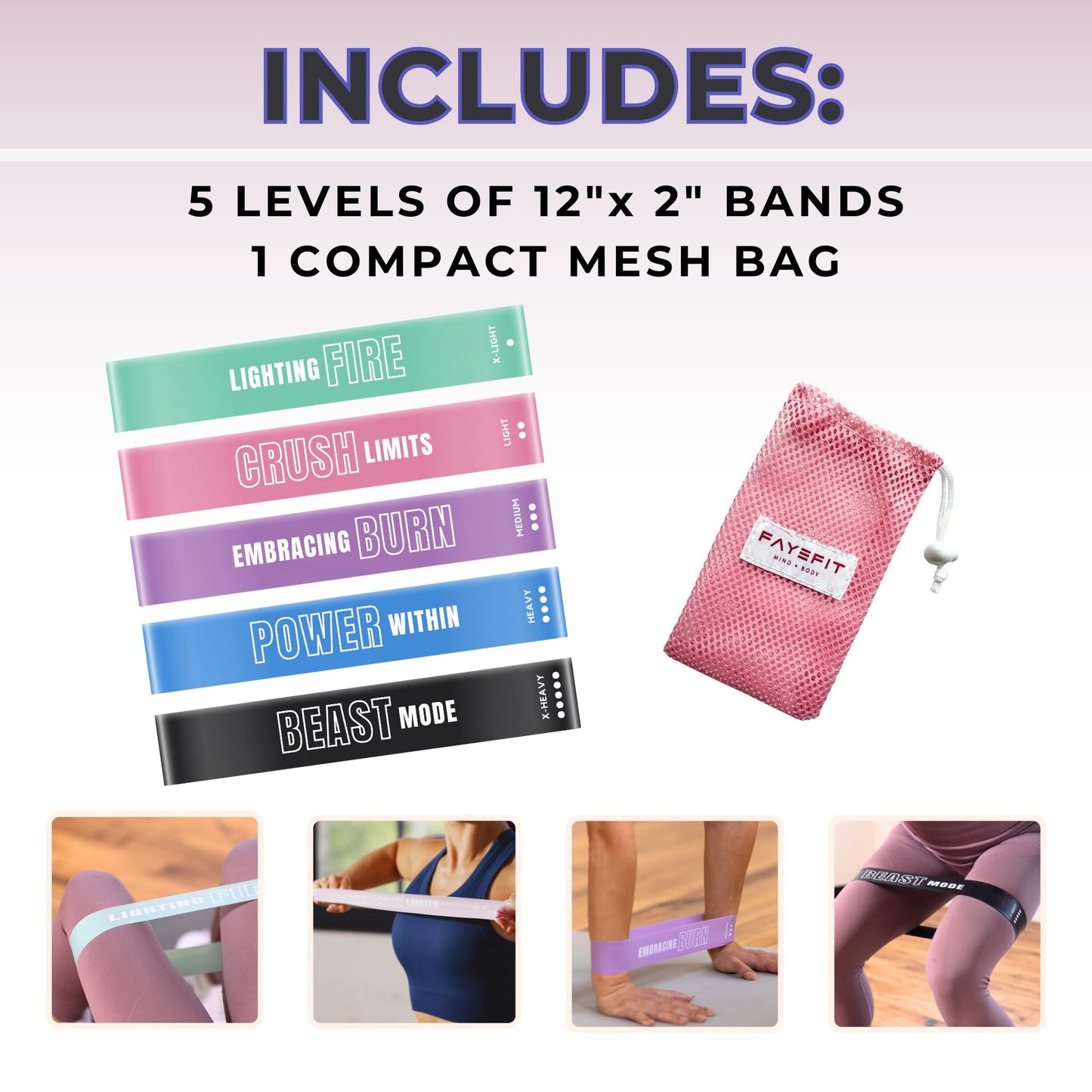 FayeFit Resistance Bands for Working Out – Exercise Bands Resistance Loops, Workout Bands, Physical Therapy Bands. Set of 5 Stretch Bands for Exercise at Home + Carry Bag. Legs, Booty, Arms.