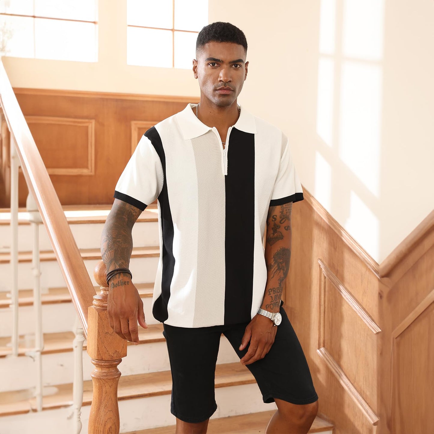 Men's Fashion Polo Shirts Vintage Striped Knitting Shirts Casual Slim Fit Golf Shirts White