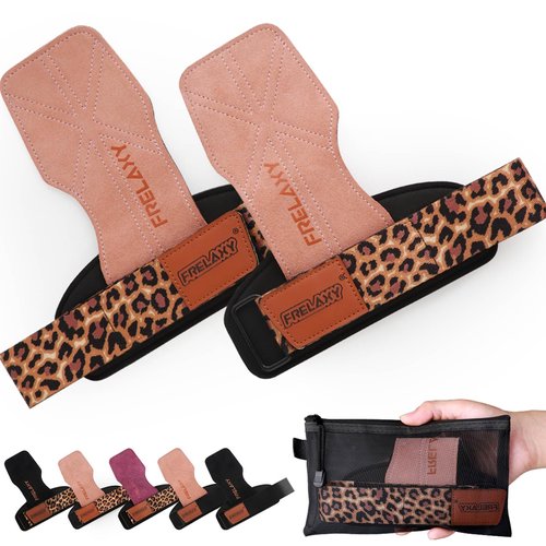 Frelaxy Lifting Wrist Straps Women and Men, Weight Lifting Grips with Cushion Wrist Loop, Double Layer Leather and Storage Pouch, Gym Workout Straps for Deadlift and Powerlifting