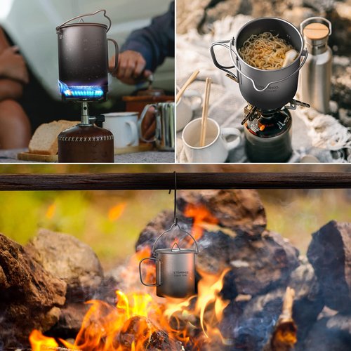 HUIOP Titanium Pot, 750ml, Silver, Uncoated, 4.5oz, Camping Pot with Lid and Storage Sack