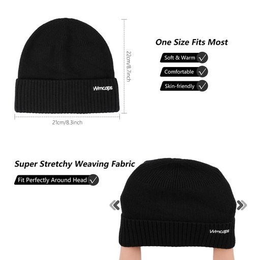 Wmcaps Beanie Kintted Hats for Men Women, Soft Warm Unique Material Winter Stocking Skull Cap with Reflective Logo (Black)