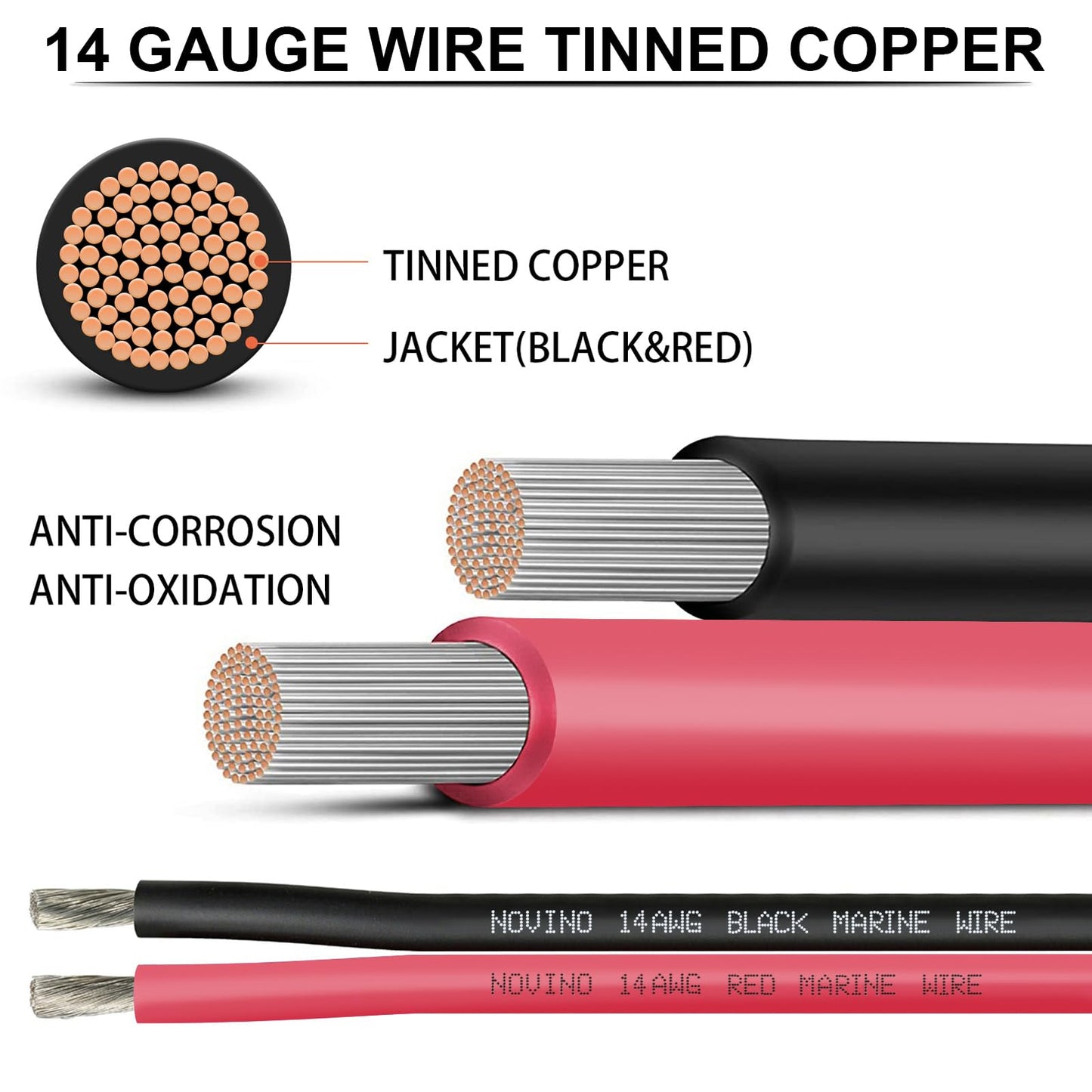 14 Gauge Marine Wire Include 14 AWG 100FT Red & 100FT Black,14 Gauge Marine Grade Wire Tinned Copper Oxygen-Free Boat Electrical Cable for Automotive RV Camper Outdoor Use