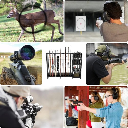 Prometis Gun Storage Racks - Freestanding Floor Wooden Rifle Rack with Pistol Shelves, 9+8 Slots Adjustable Height Storage Solutions and Gun Room Display Stand, Holds up to 9 Long Guns and 8 Handguns