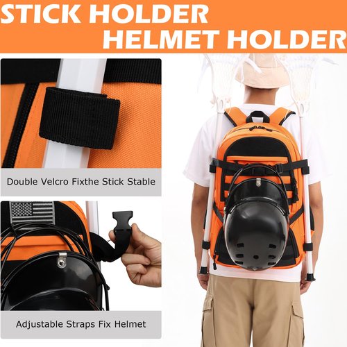 SLINRKE Lacrosse Bag with 2 Stick Holders Tactical Style Lacrosse Equipment Backpack with Separate Shoe Compartment for All Field Hockey Gear (Orange)