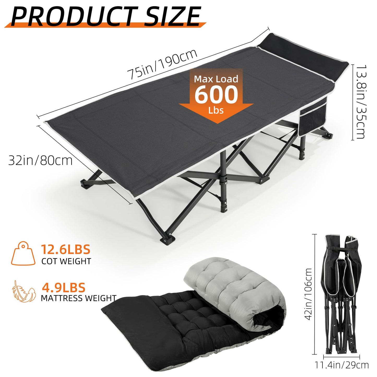 Fragess Portable Camping Cot, 32" Extra Wide Camping Cots for Adults with Thick Mattress, Heavy Duty Sleeping Cot Holds Up to 600LBS, Cots for Sleeping, Rv, Beach, Patio, Office Naps(Black)