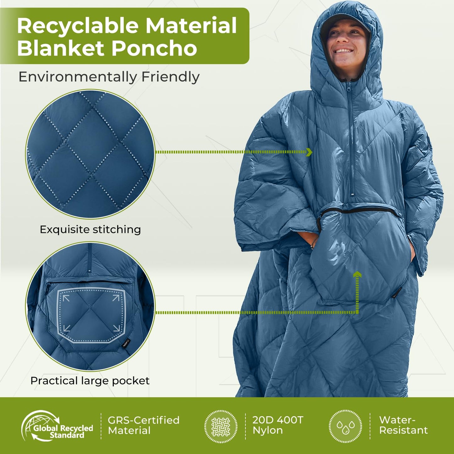 ATEPA Wearable Sleeping Bag, Recycled Camping Wearable Down Blanket Poncho, Ultralight Warm Waterproof Cold Weather Sleeping Bag Coat Jacket Suit for Outdoor Sports, Camping Gifts Women Men, Blue