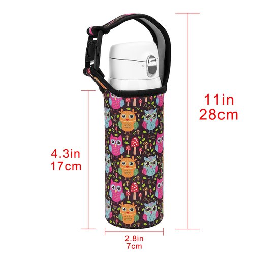CAIRIAC Cartoon Owl Neoprene Sleeve Bottle Cup Carrier Pouch, Cup Holder Pouch with Carrying Handle, 16oz-21oz Portable Bottle Cooler Cover Holder Strap for Outdoor