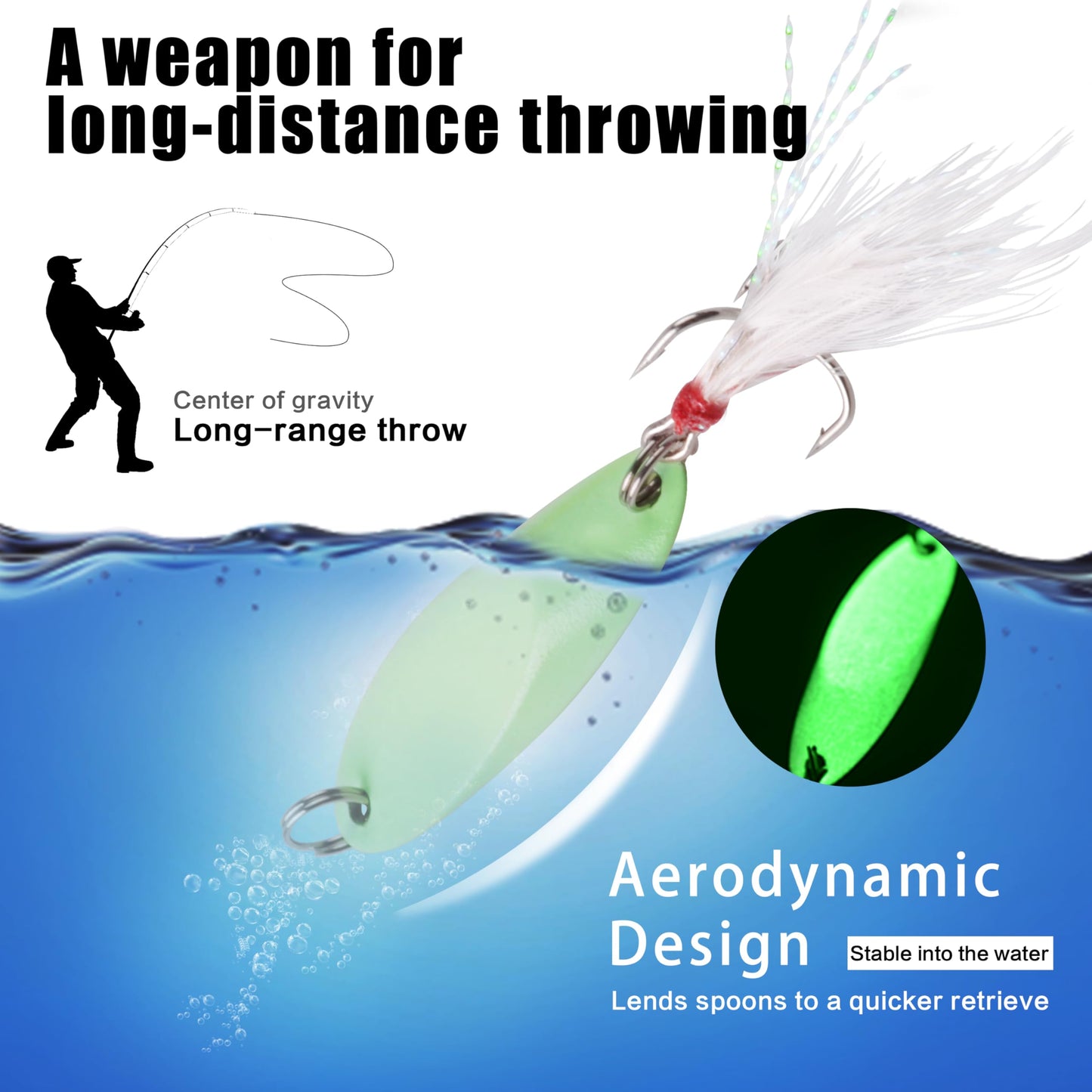 Fishing Spoon Lures Luminous Casting Metal Fishing Jigs Baits Glow Fish Tackle with Treble Hooks Spinning Lure for Saltwater Freshwater Trout Bass Salmon （10G-6PCS）