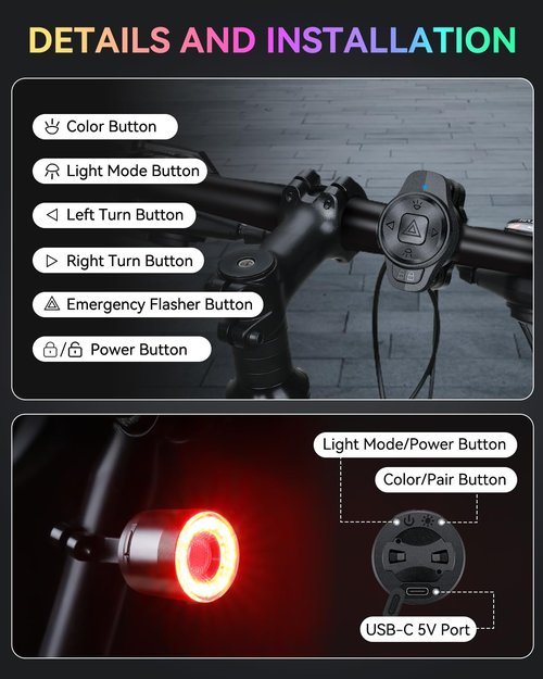ONVIAN Colorful Bike Tail Light with Turn Signals, USB Rechargeable Bike Brake Light with Wireless Remote, 15 Light Modes 7 Colors Waterproof Cycling Safety Light for Adults Kids Road Mountain