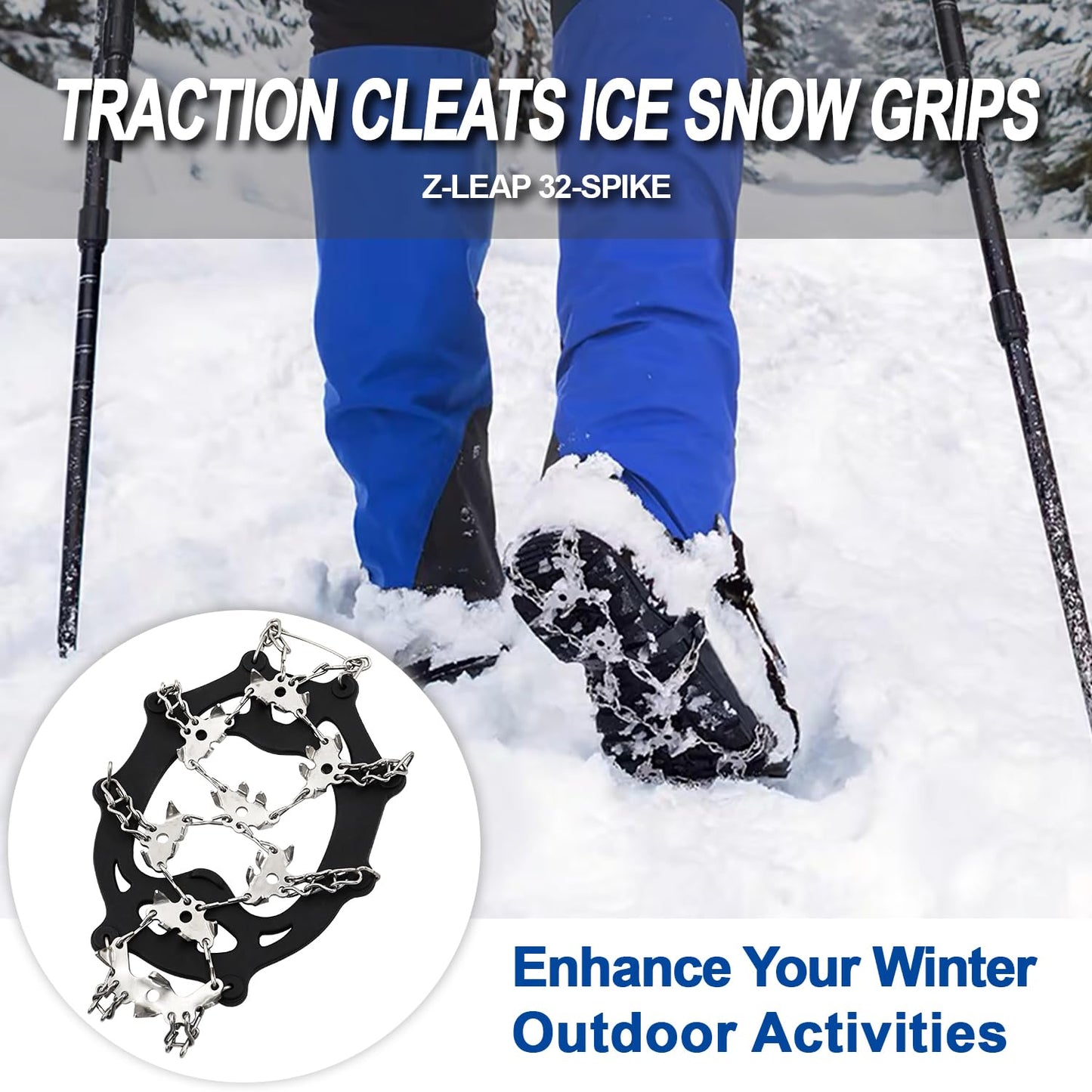 32-Spike Hiking Boots & Shoes Traction Cleats Ice Snow Grips Stainless Steel Anti Slip for Winter Outdoor Activities