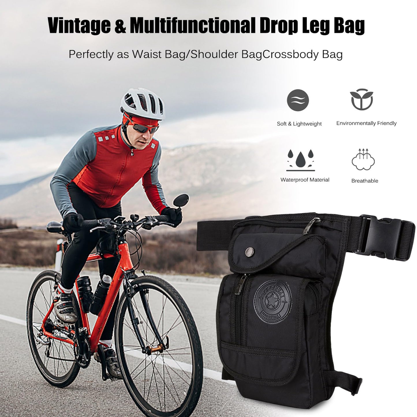 FANDARE Thigh Drop Leg Bag Military Tactical Drop Leg Pouch Bag Waist Pack Bumbags Sling bag Motorcycle Chest Shoulder Crossbody Bag for Hiking Cycling Travel Outdoor Cover PackBlack