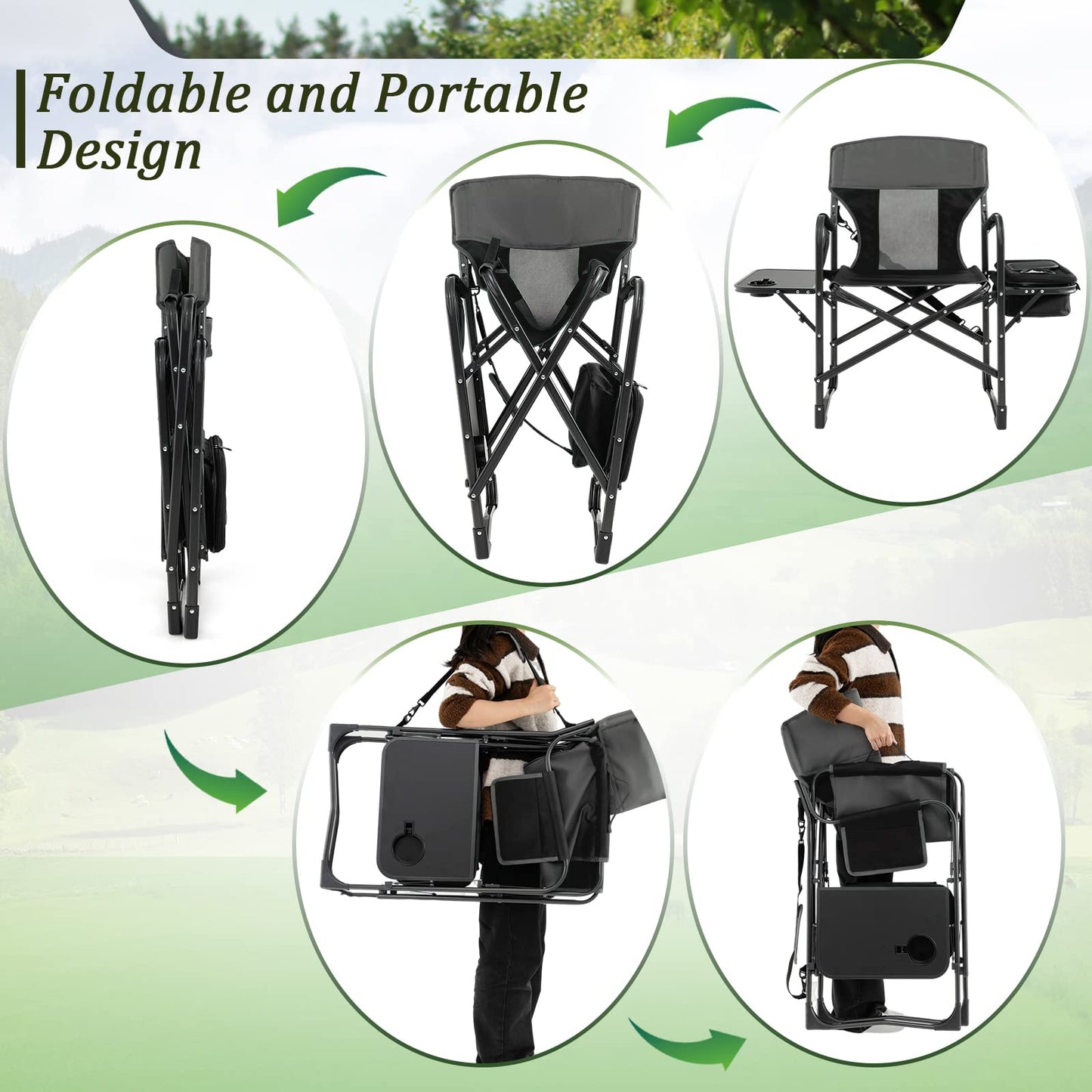Giantex Camping Chair with Side Table, Storage Pocket, Cooler Bag, Shoulder Strap, Handle, Support 400 Lbs, Folding Directors Chair for Artist Makeup Lawn Fishing Picnic, Black