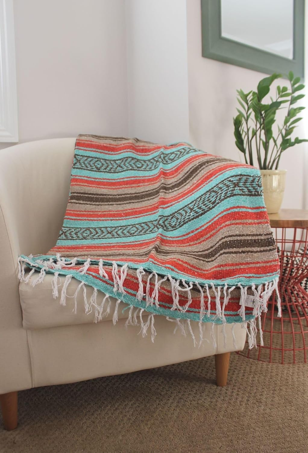 Authentic Del Mex Large Mexican Blanket - Woven Falsa Throw (70"x50") for Beach, Yoga & Outdoor Decor - Pink/Tan