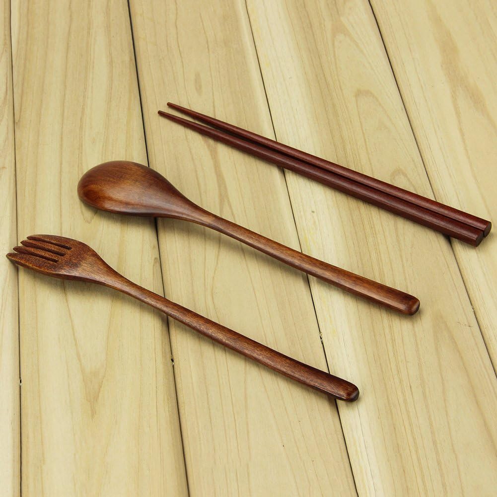 Wooden Spoon and Fork Set, AOOSY 3 Pcs Nanmu Wood Fork Spoon Chopsticks Camping Travel Flatware Set Tableware with Bag, Brown Color