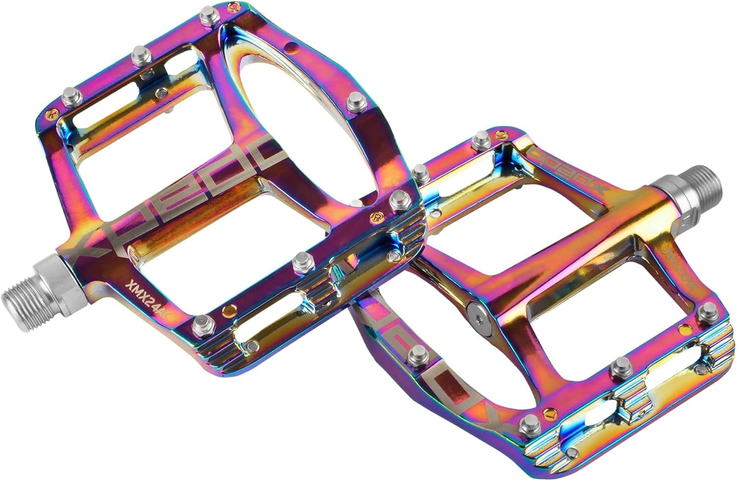 Xpedo Spry Flat Bicycling Pedals | Aluminum Body, 11mm Low-Profile, 106x100mm Platform, 28 Replaceable Pins | MTB Trail/Enduro | Oil Slick