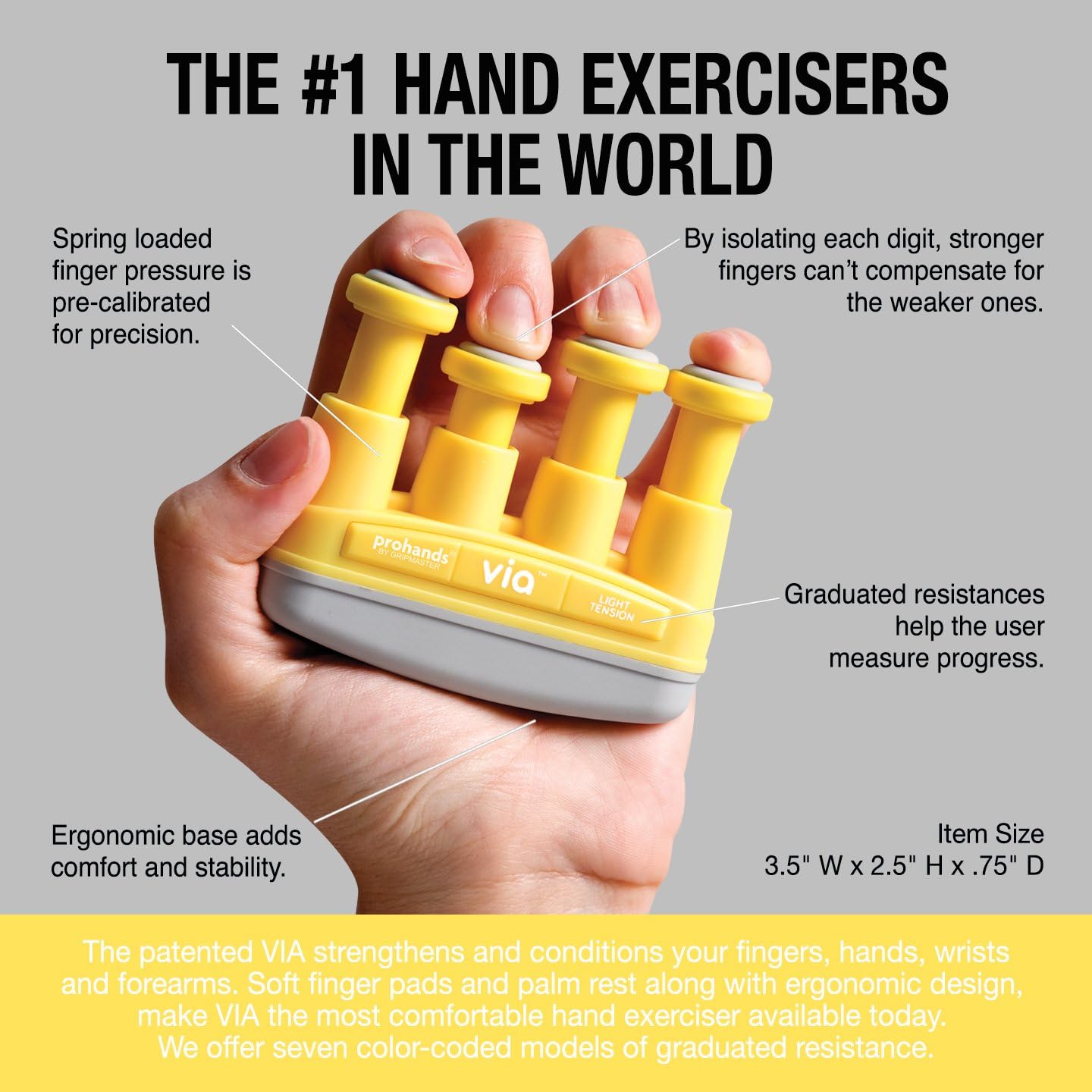 VIA Hand Exerciser, Finger Exerciser (Hand Grip Strengthener), Spring-Loaded, Finger-Piston System, Isolate and Exercise Each Finger