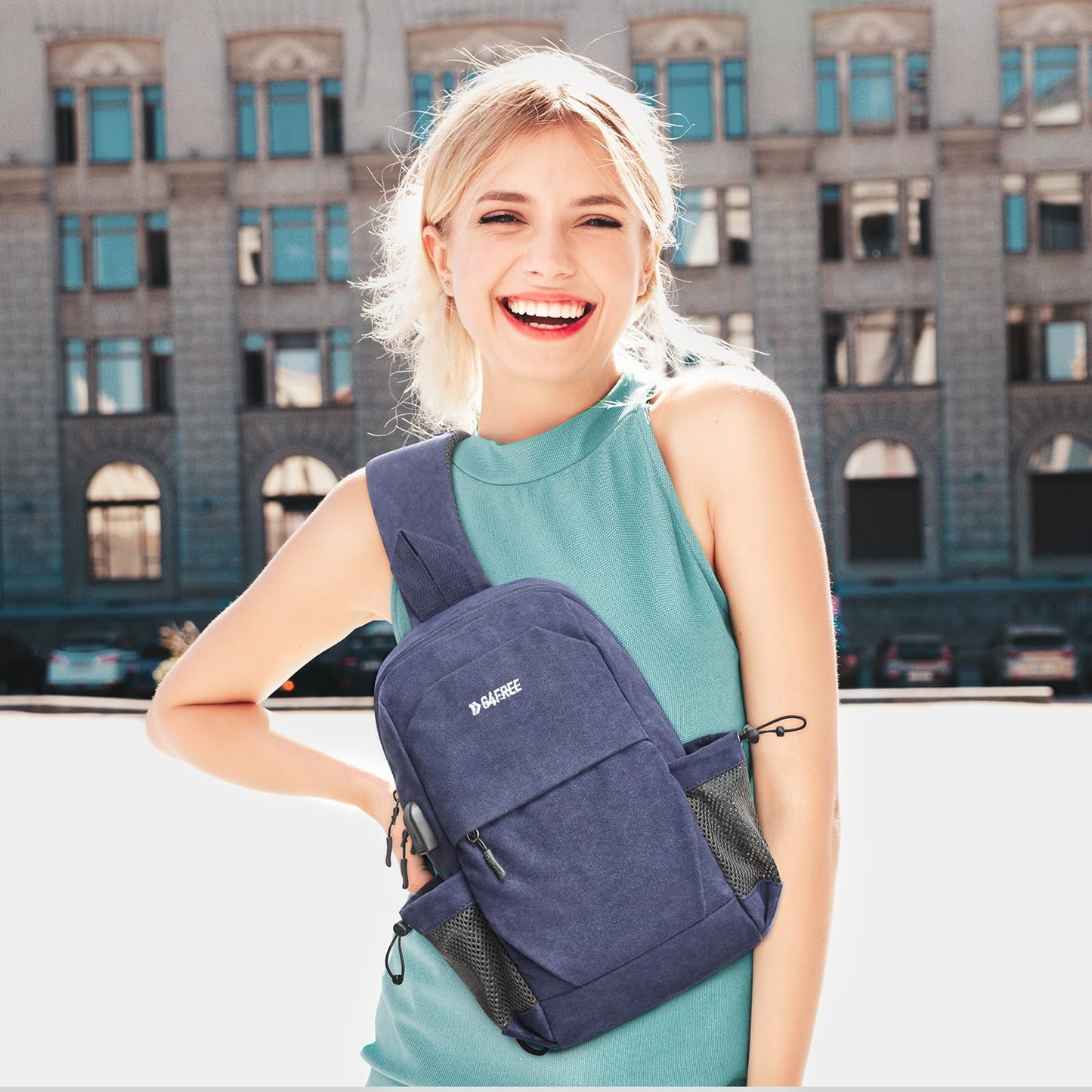 G4Free Canvas Sling Bag Crossbody Backpack Shoulder Bag for Men Women with Anti-theft Pocket & USB Charge Port (Dark Blue)