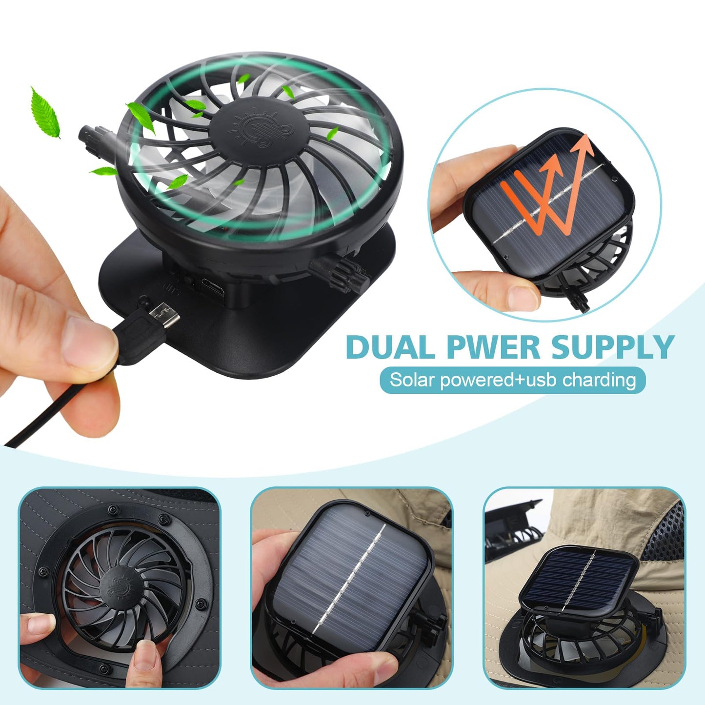 Glitopper 2 Set Wide Brim Solar Fan Hats with 2 Solar Fan and Arm Sleeves Set Outdoor Fishing Bucket Hat for Men Women Hiking(Dark Grey and Khaki,Simplicity)